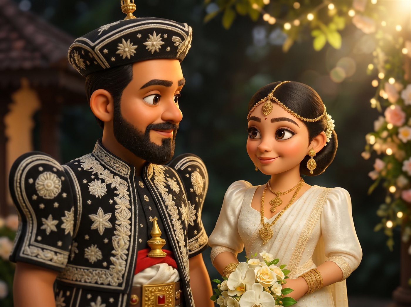 Sri Lankan Wedding Couple in Romantic Evening Poruwa Atmosphere